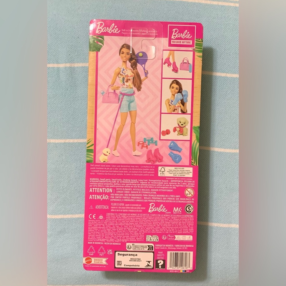Posable Brunette WorkOut Barbie Doll Puppy Weights Boxing Gloves Skates Racket - Picture 3 of 8